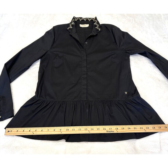 VDP Collection Black Long Sleeve Embellished Collar Peplum Blouse Sz 10/46 - Picture 11 of 16